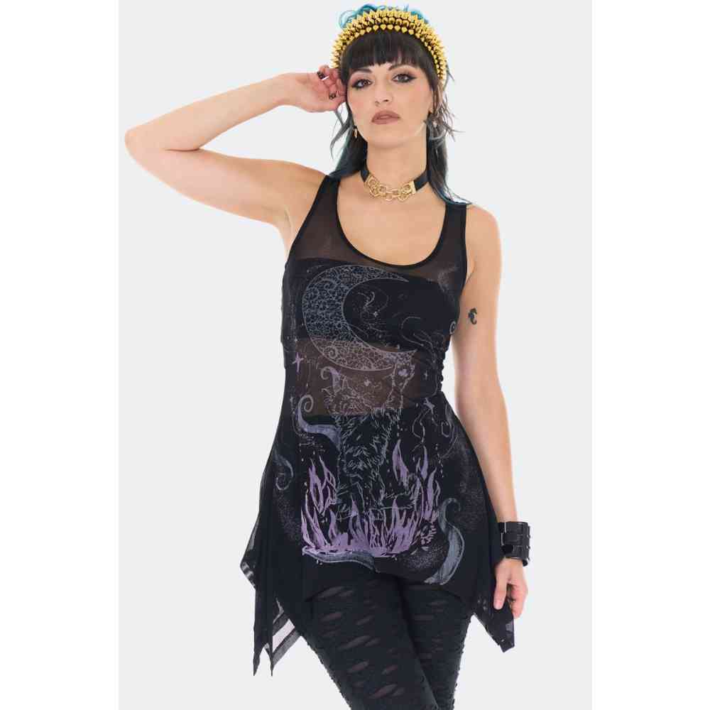 Jawbreaker - Cosmic Cat Print Mesh Mouwloze top - Zwart